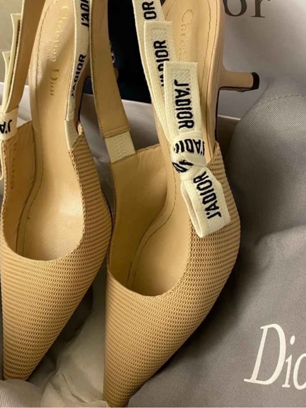 Dior Beige J'Adior Knit Pointed Slingback Heels